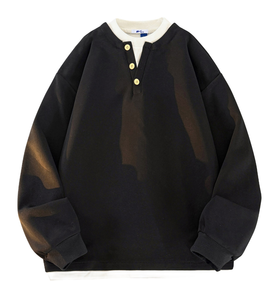 Warrior Revival Wind and Wave Series American Trendy College Style Letter Print Color Contrast Splicing Fake Two Piece Loose Casual Versatile Hoodie Bottom Wear Warm Henley Collar Long Sleeve T-shirt Unisex  vjsneaker.com