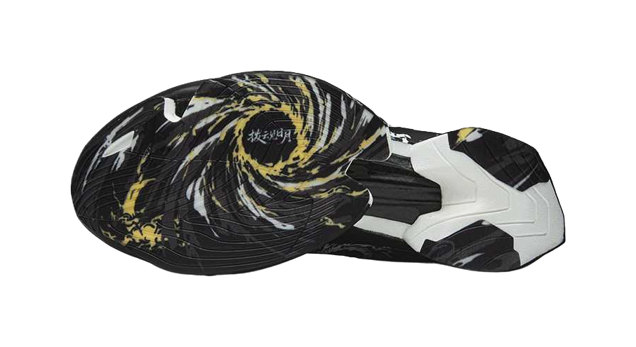 Anta low running shoe, black with white swirl side panel and abstract yellow graphic