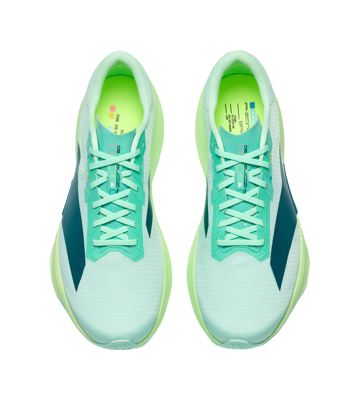Pair of men's low-top running shoes, aqua uppers with green laces and logo tongue