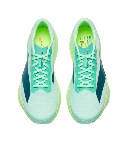 Pair of men's low-top running shoes, aqua uppers with green laces and logo tongue