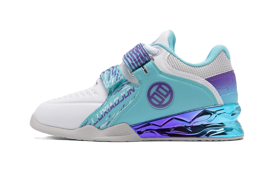Teal and purple low-top training shoe with blue wavy sole and side logo