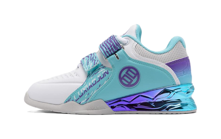 Teal and purple low-top training shoe with blue wavy sole and side logo