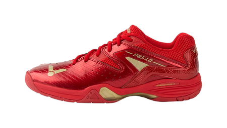 Red and gold unisex badminton shoe, mesh upper, lace-up front