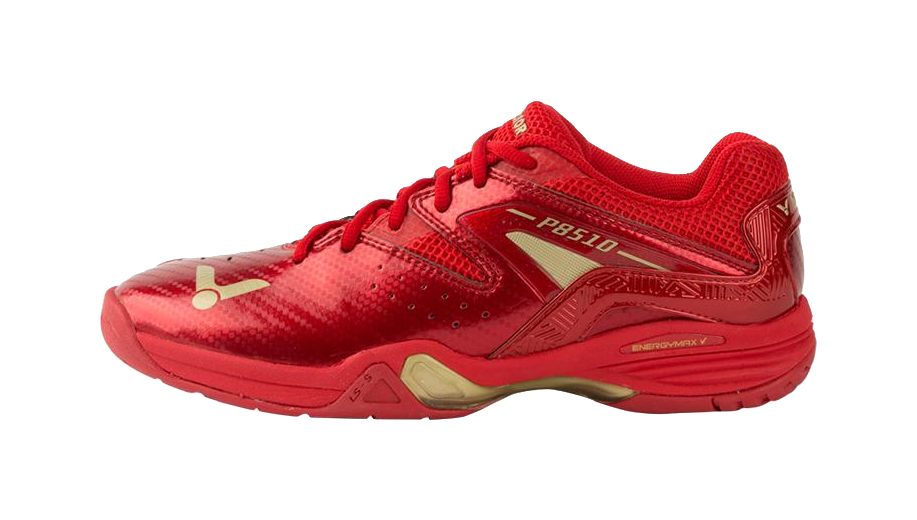 Red and gold unisex badminton shoe, mesh upper, lace-up front