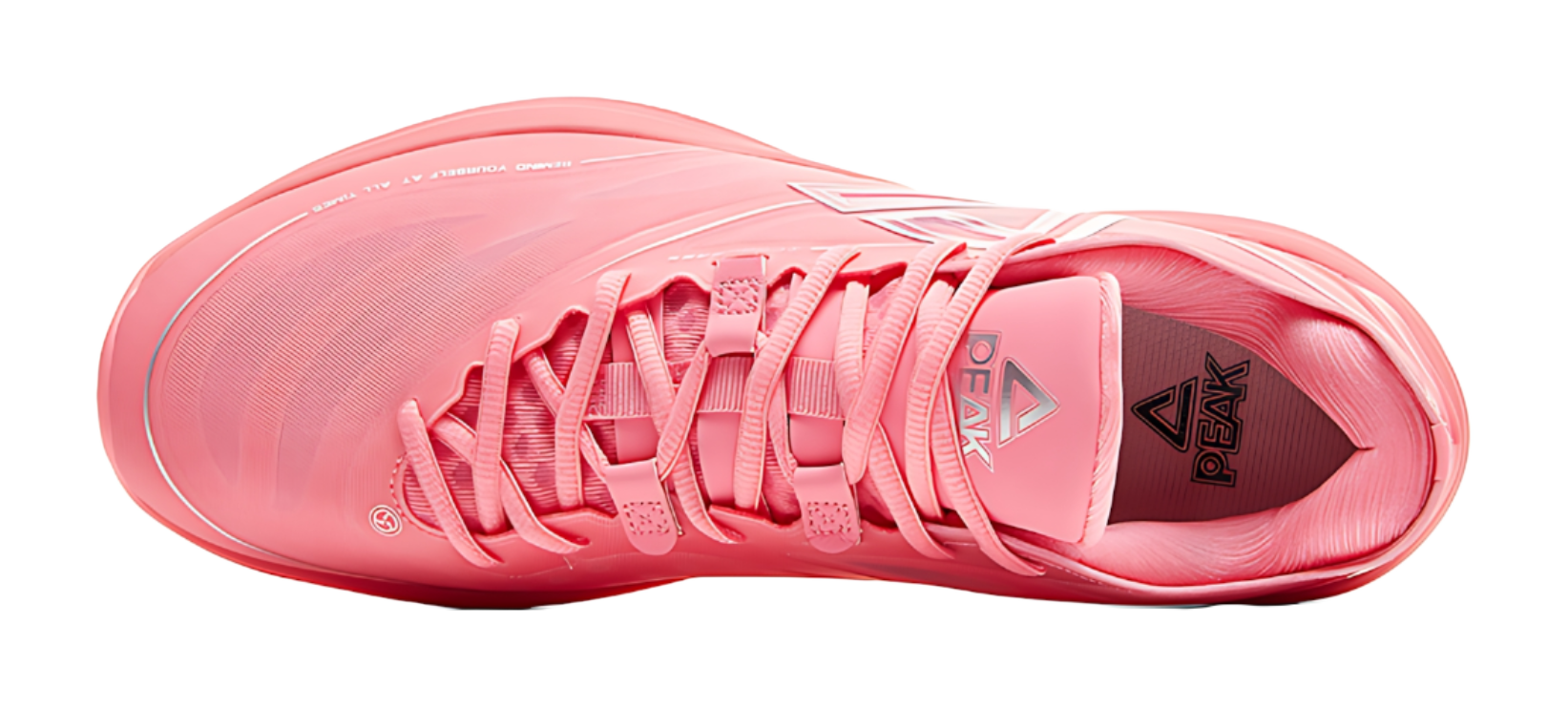 Red basketball shoe toe view with lace-up closure and padded tongue