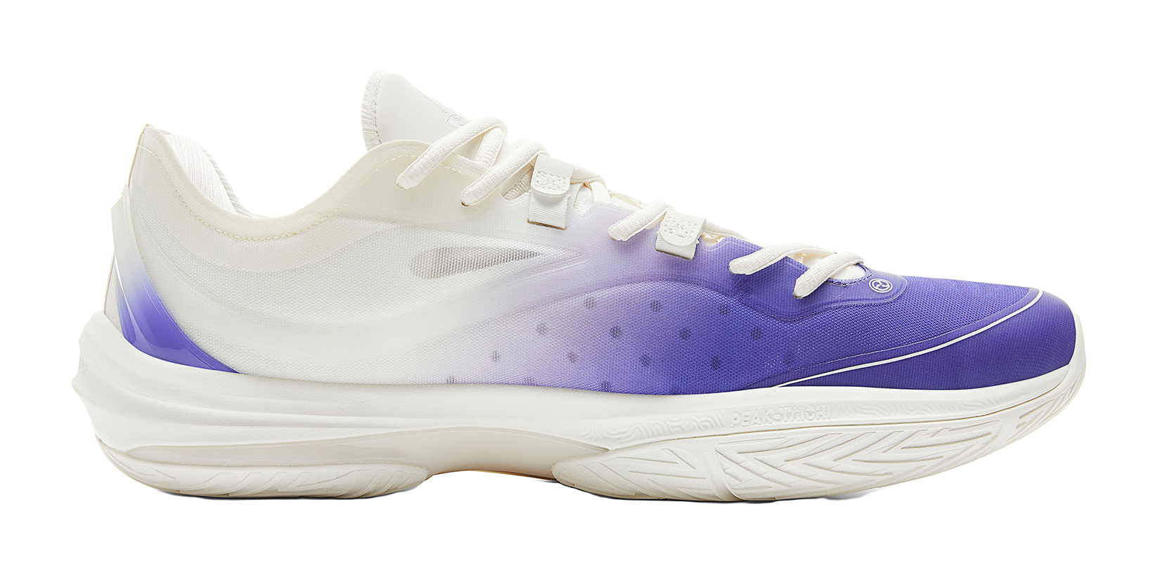 Lightweight basketball shoe, white upper with purple side panel and lace-up closure