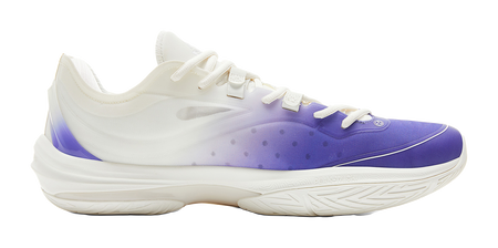 Lightweight basketball shoe, white upper with purple side panel and lace-up closure