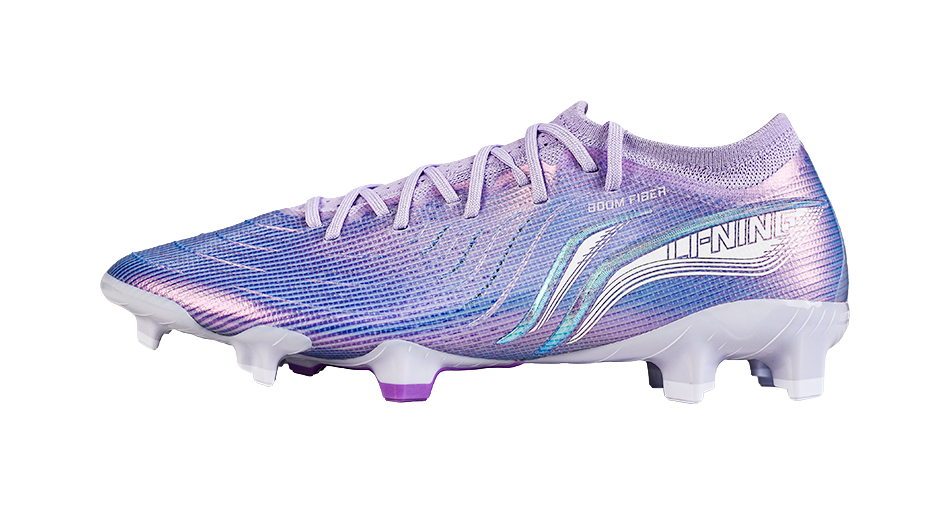Li-Ning soccer cleat with blue-violet knit upper, front-to-side view, white FG studs