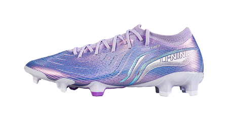 Li-Ning soccer cleat with blue-violet knit upper, front-to-side view, white FG studs