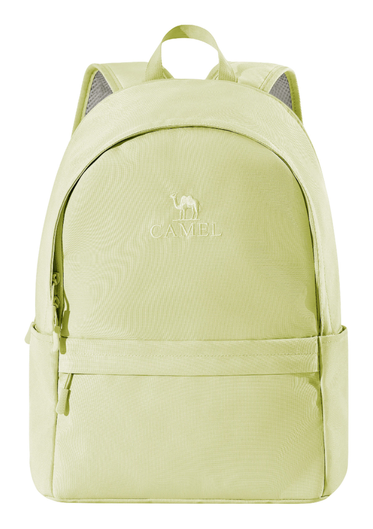 Light green 18L outdoor backpack with front zip pocket and top handle, CAMEL logo.
