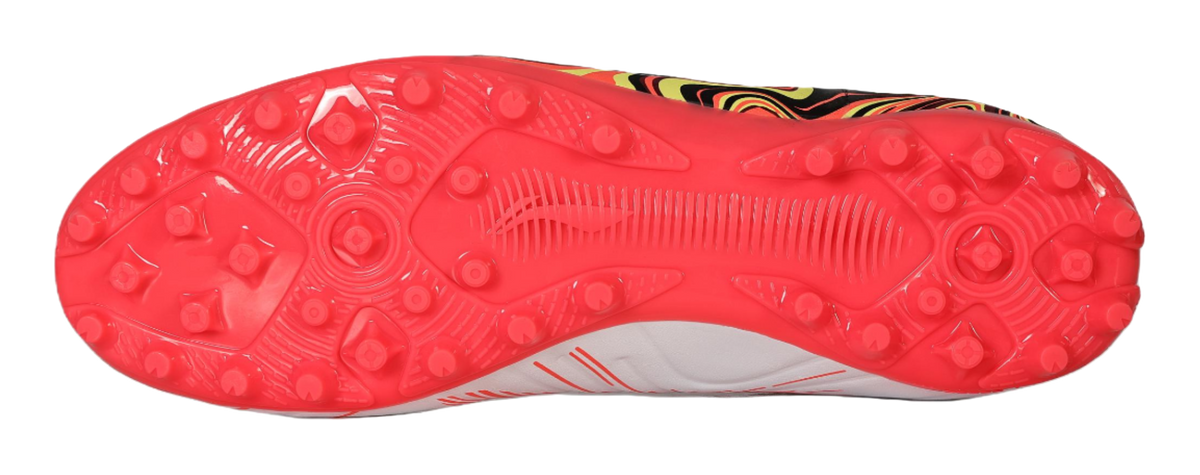 Red molded soccer cleat outsole with round studs and traction nubs