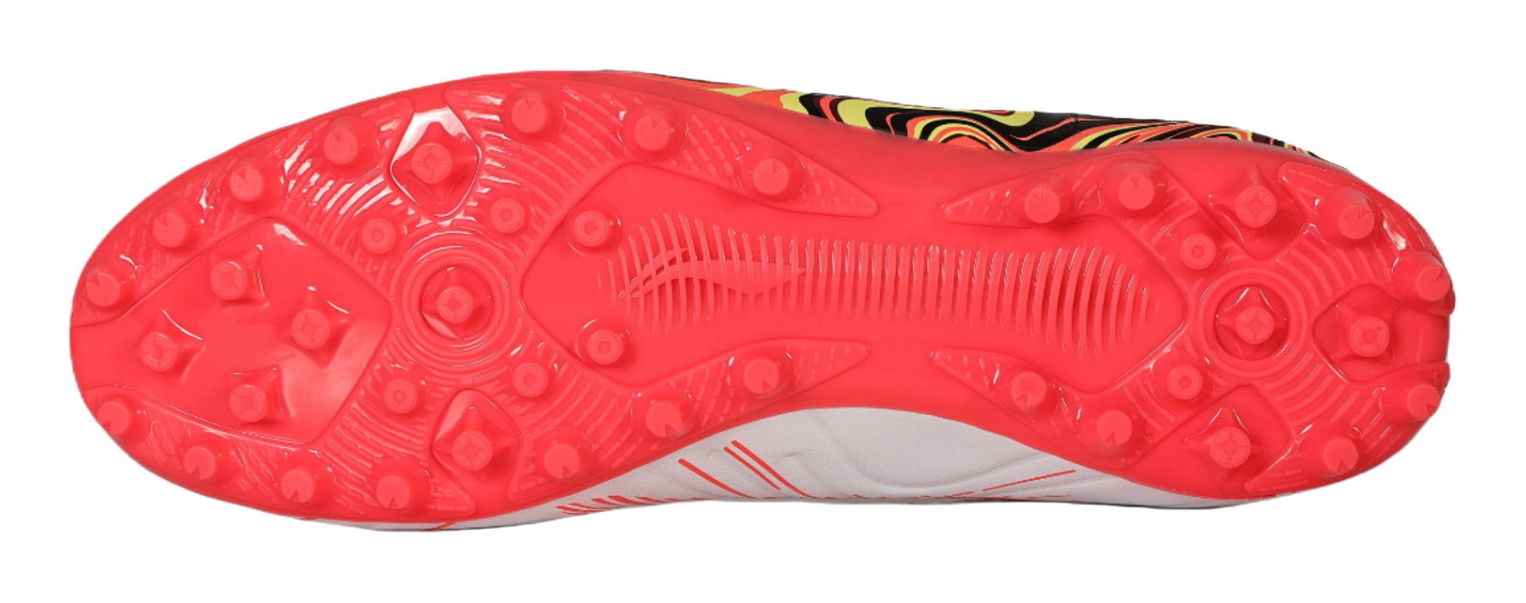 Red molded soccer cleat outsole with round studs and traction nubs
