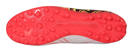 Red molded soccer cleat outsole with round studs and traction nubs