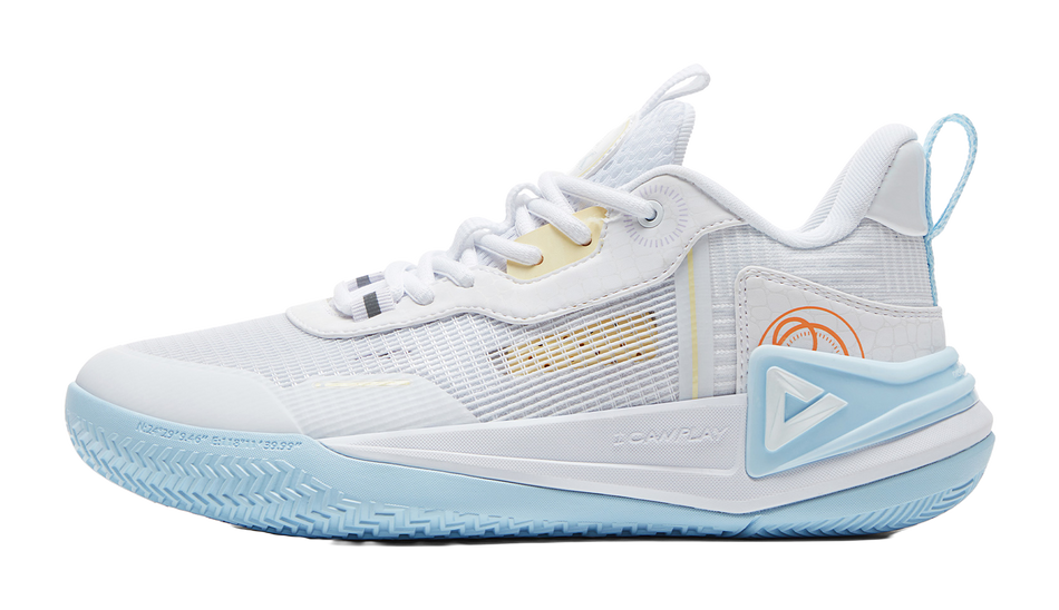 Women's white and light blue basketball shoes with mesh upper and lace-up closure