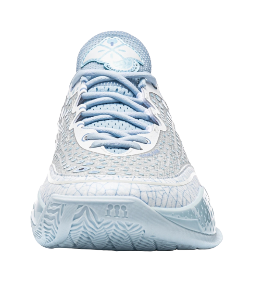 Ice blue low basketball shoe front view with lace-up closure and swirl logo