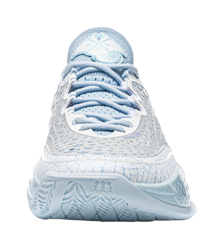 Ice blue low basketball shoe front view with lace-up closure and swirl logo
