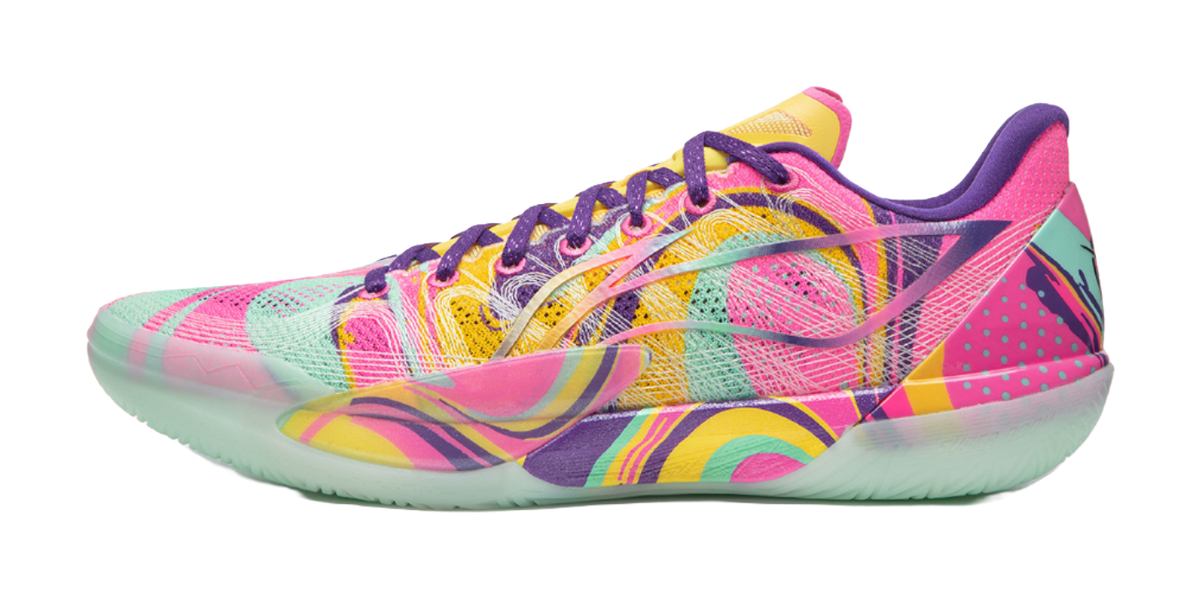 Colorful unisex basketball shoe, purple laces, patterned mesh upper, mint sole.