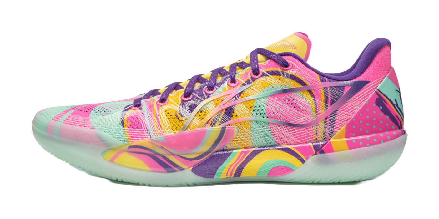 Colorful unisex basketball shoe, purple laces, patterned mesh upper, mint sole.