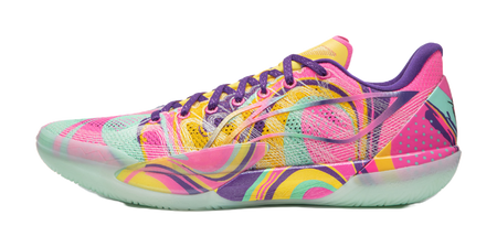 Colorful unisex basketball shoe, purple laces, patterned mesh upper, mint sole.