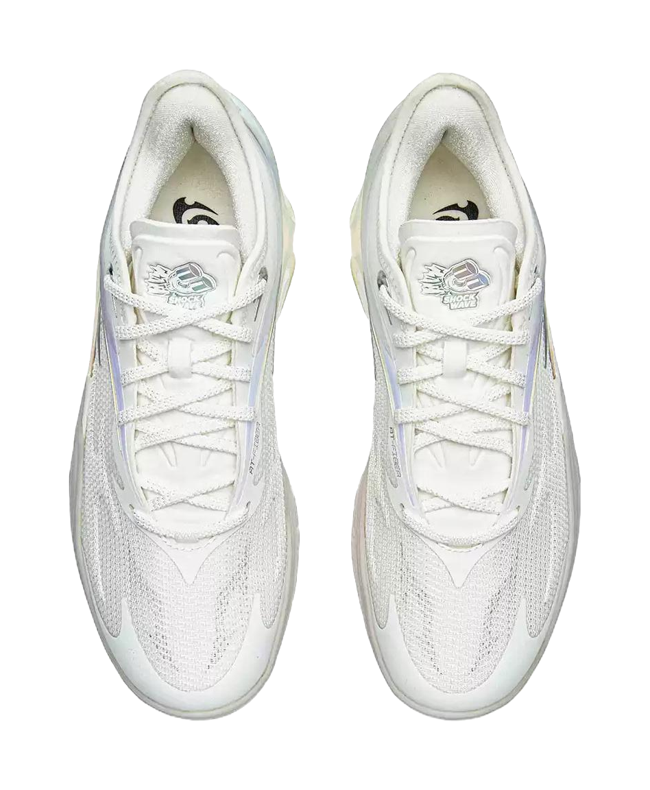 Pair of white lace-up basketball shoes with textured uppers and patterned heel collar