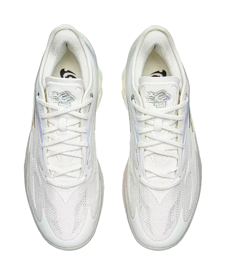Pair of white lace-up basketball shoes with textured uppers and patterned heel collar