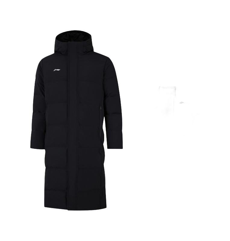 Black hooded long puffer down jacket with zip front; comes with Li-Ning socks set.