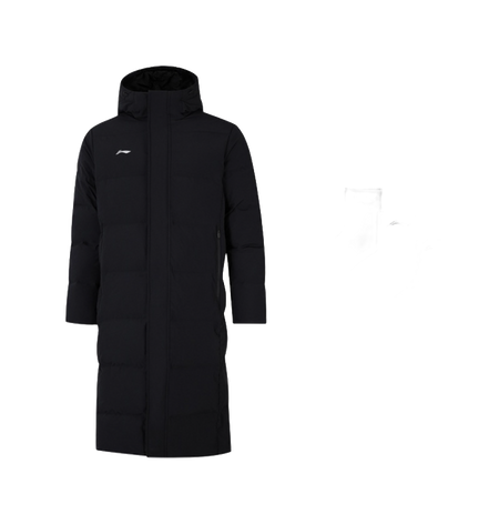 Black hooded long puffer down jacket with zip front; comes with Li-Ning socks set.