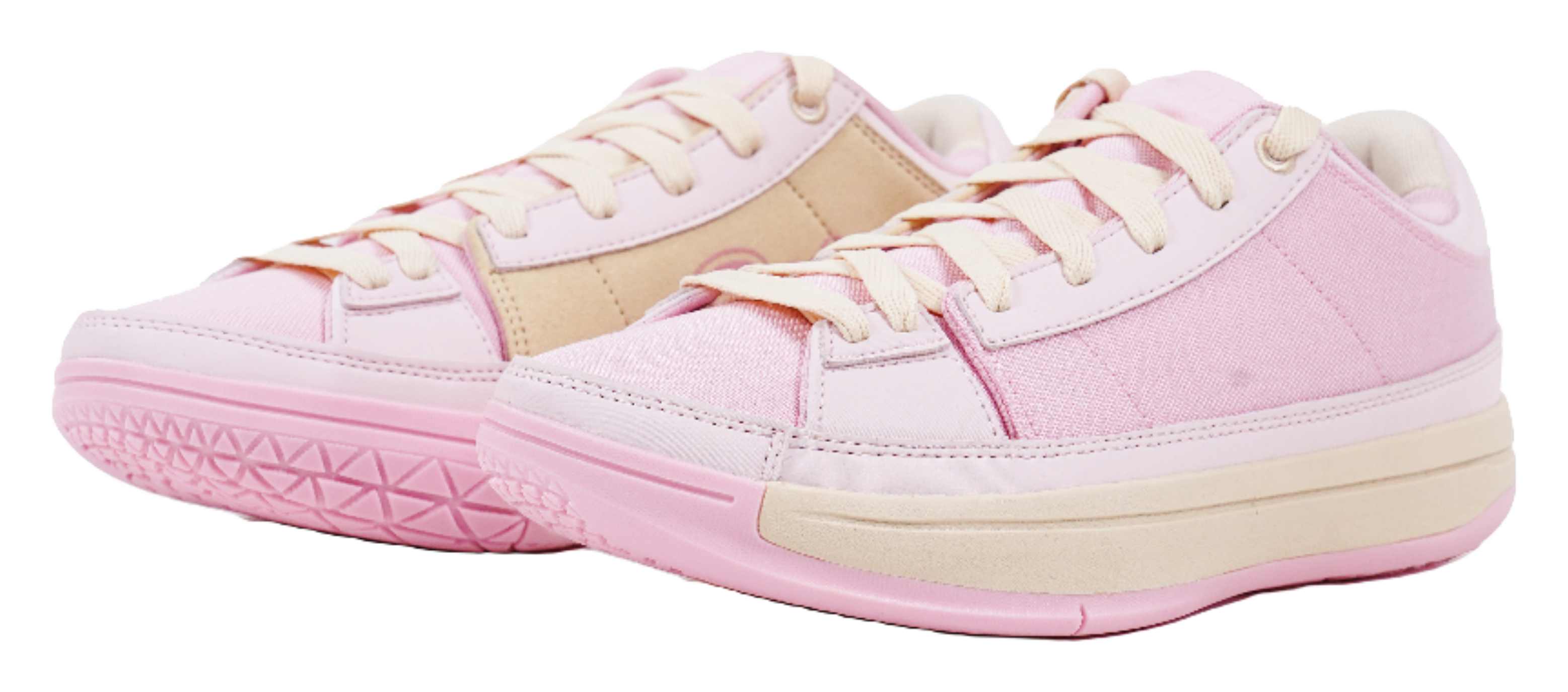 Pair of pink lace-up basketball sneakers with cream and tan accents