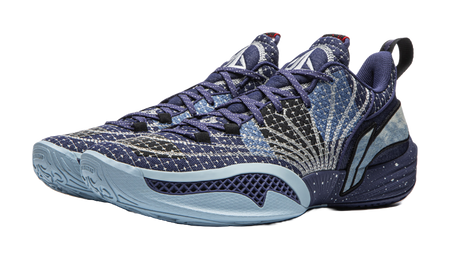 Li Ning low-top basketball shoes in deep blue, angled view with textured quarter panel