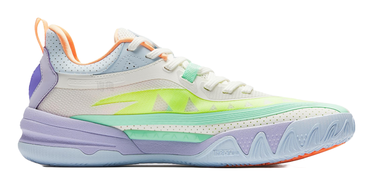 Low-top basketball shoe in white with neon green graphic stripe, purple side panel, orange laces