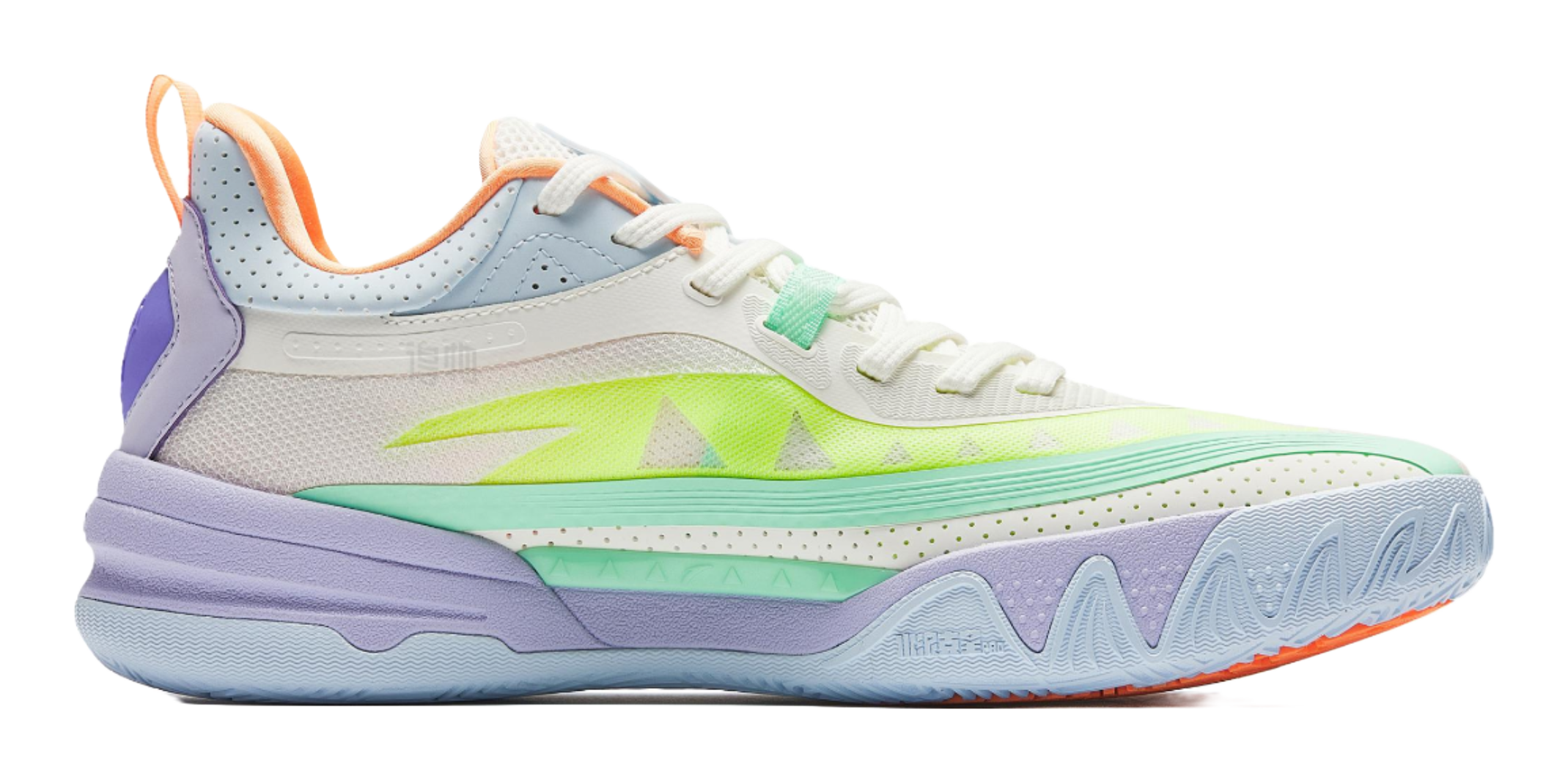Low-top basketball shoe in white with neon green graphic stripe, purple side panel, orange laces