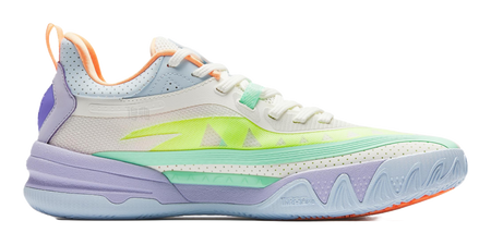 Low-top basketball shoe in white with neon green graphic stripe, purple side panel, orange laces