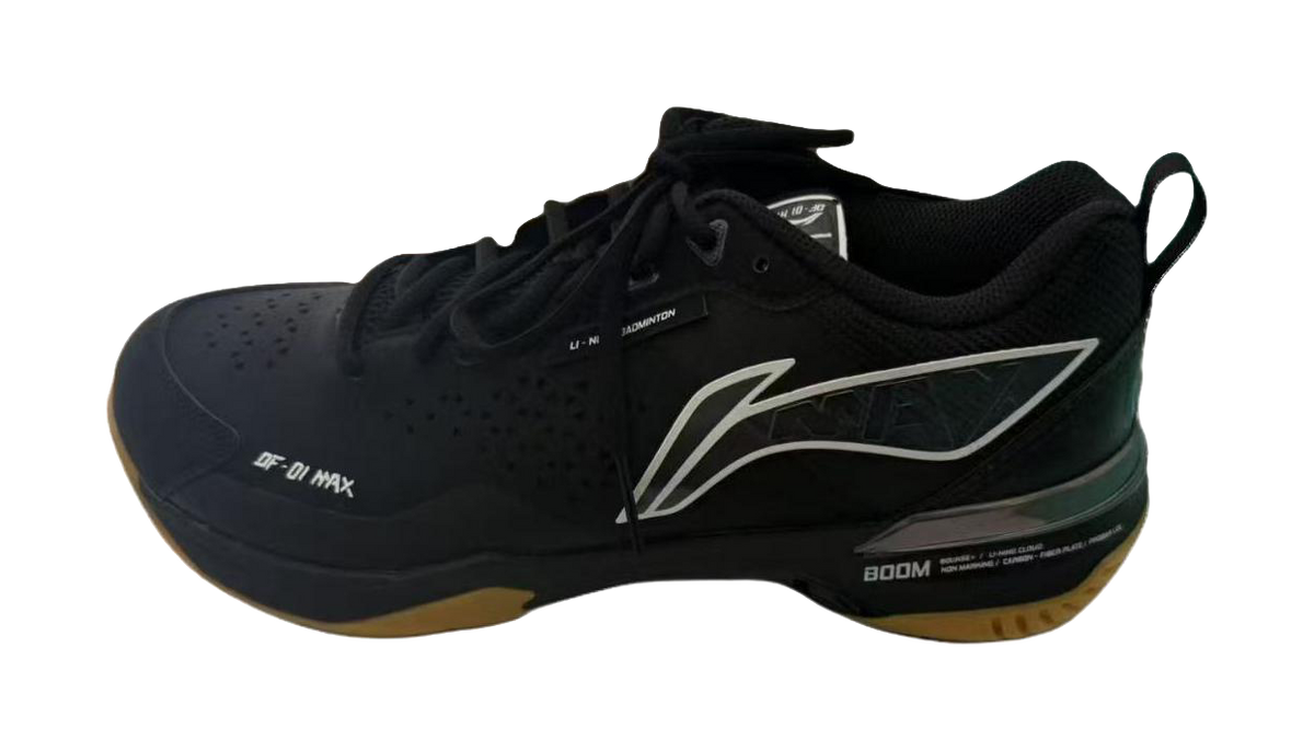 Black badminton shoe with white side logo and laced mesh upper, DF-01 MAX branding.