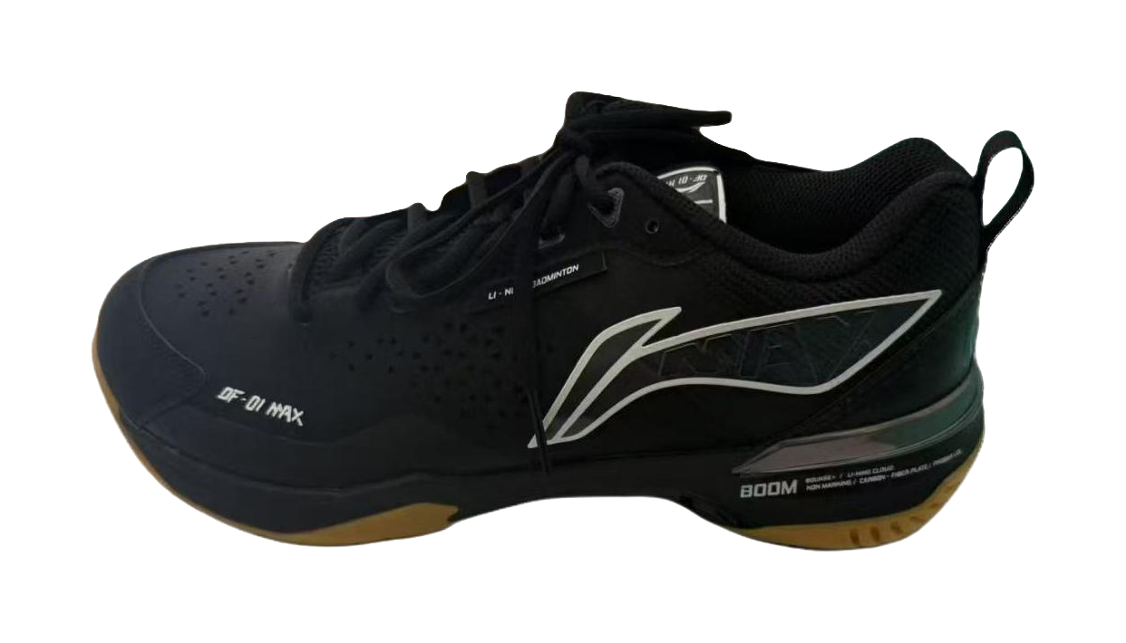 Black badminton shoe with white side logo and laced mesh upper, DF-01 MAX branding.