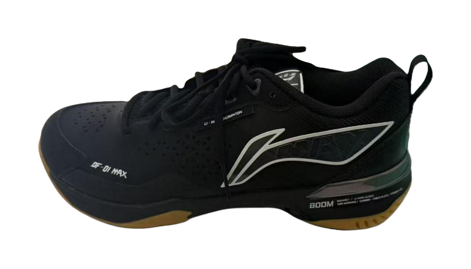 Black badminton shoe with white side logo and laced mesh upper, DF-01 MAX branding.