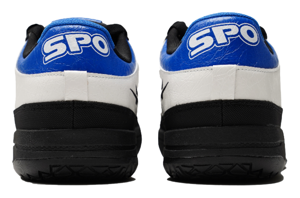 Unisex basketball shoe heels with blue SPO lettering, white back panels, black platform sole.