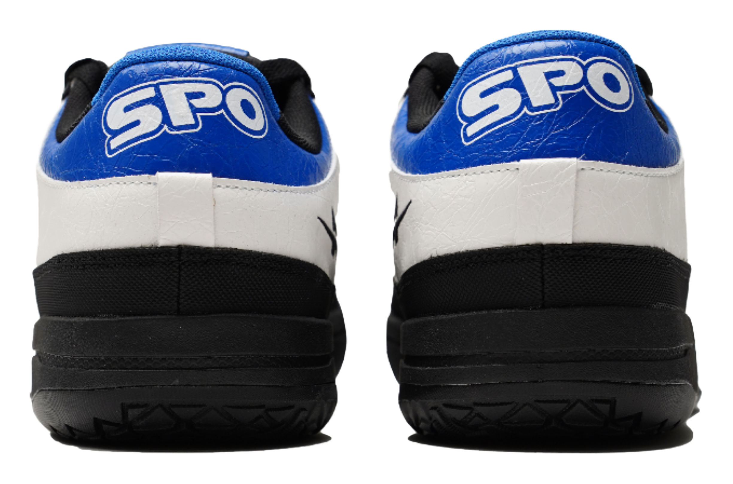 Unisex basketball shoe heels with blue SPO lettering, white back panels, black platform sole.