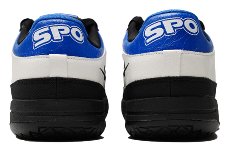 Unisex basketball shoe heels with blue SPO lettering, white back panels, black platform sole.