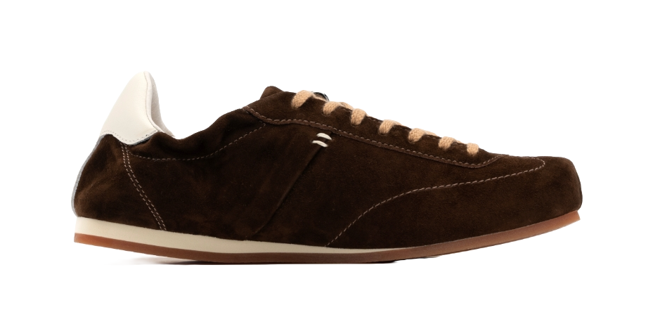 Women's dark brown suede low-top sneakers with white heel tab and lace-up front