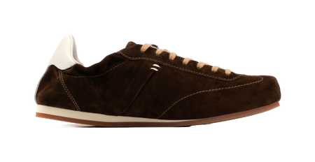 Women's dark brown suede low-top sneakers with white heel tab and lace-up front