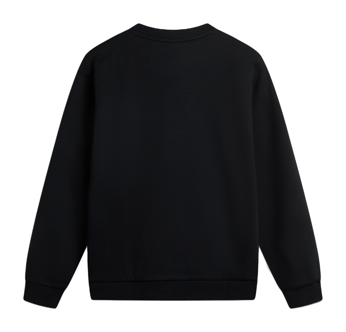 Black fleece-lined crewneck pullover, loose fit, plain back