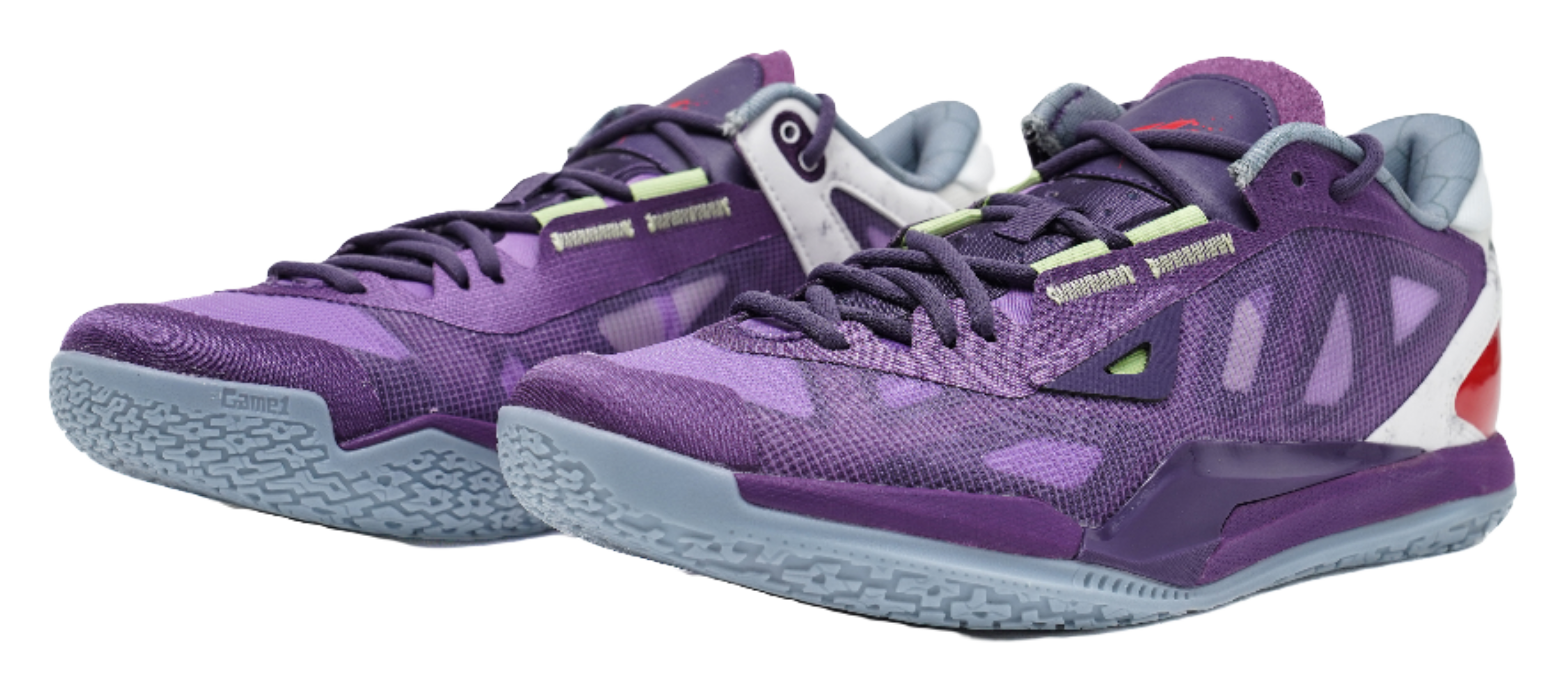 Purple lace-up basketball shoes with camo-like pattern, white heel, and red side cutout