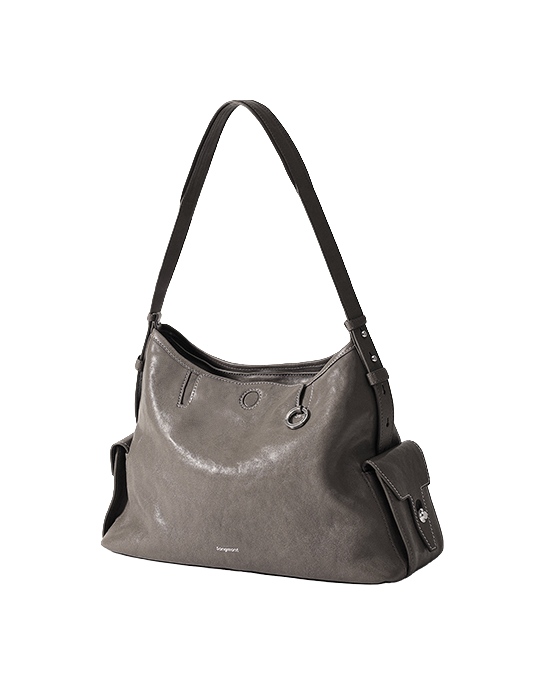 Light gray leather hobo shoulder bag with top handle, crossbody strap, and gold hardware