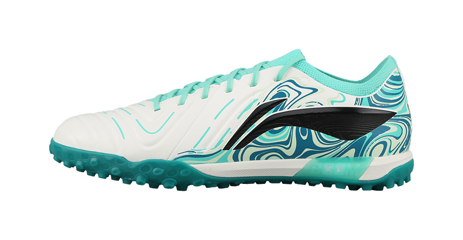 Unisex soccer cleat with white upper and teal accents, TF turf studs