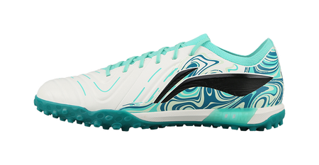 Unisex soccer cleat with white upper and teal accents, TF turf studs