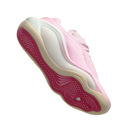 Men's bubble gum pink basketball shoe with red traction outsole, side view