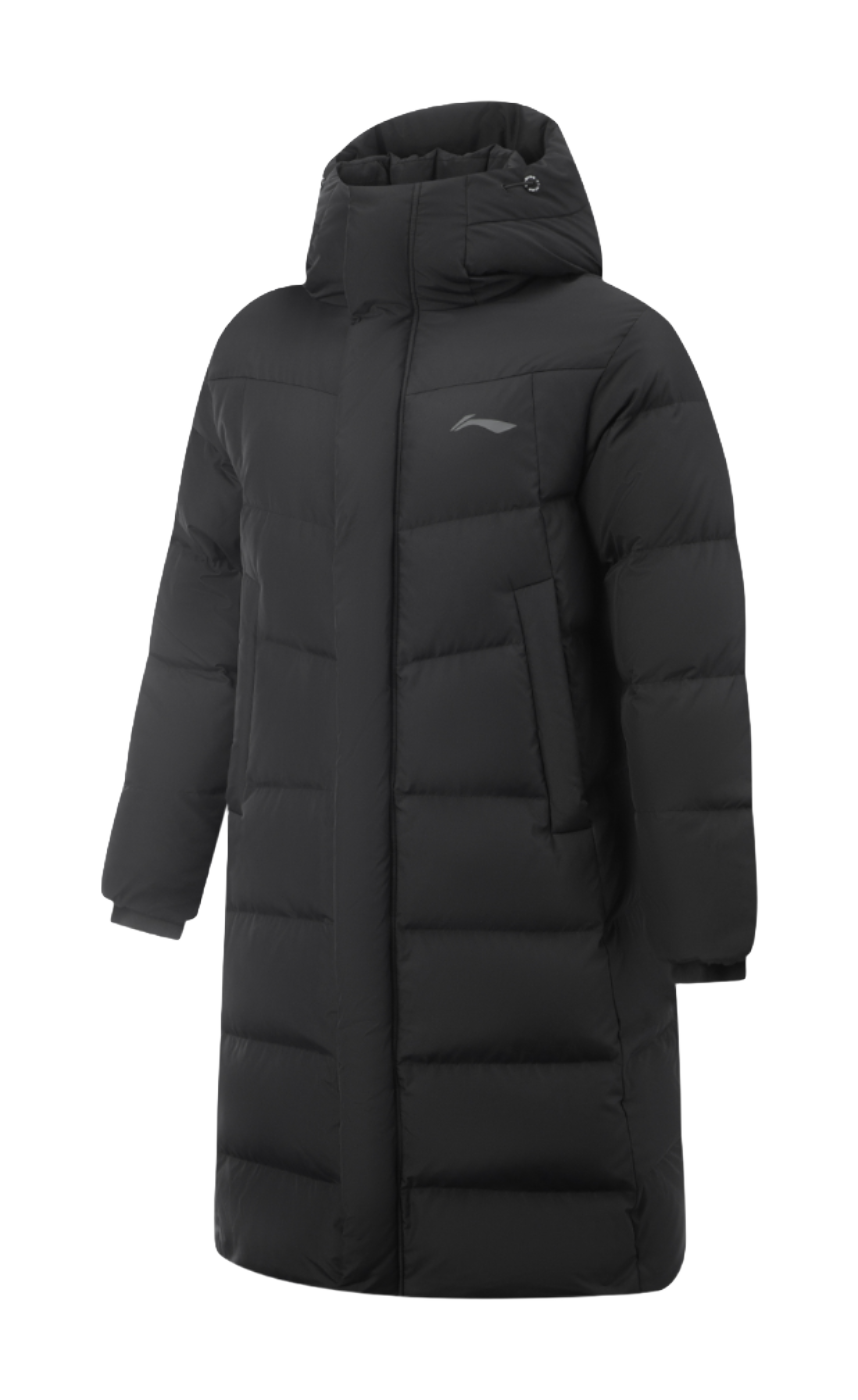 Men's black hooded down jacket, long quilted design with front zipper and logo