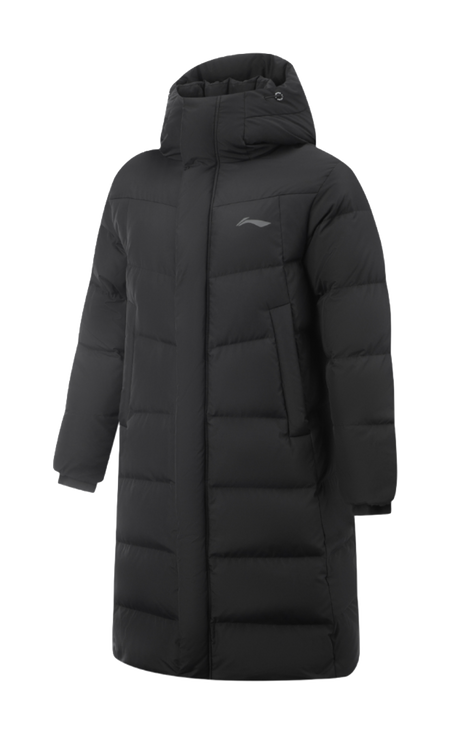Men's black hooded down jacket, long quilted design with front zipper and logo