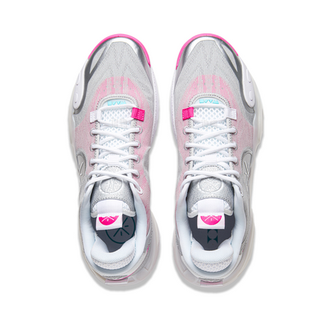 Pair of basketball shoes with laces, silver-gray uppers, pink lining, teal eyelet accents