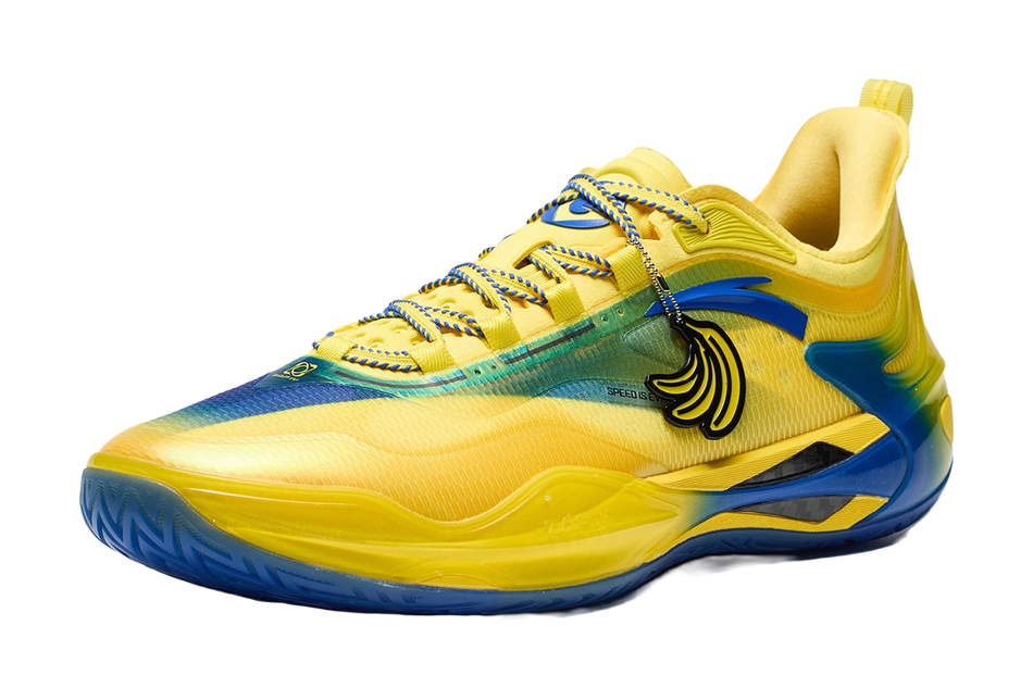Unisex basketball shoe, yellow upper with teal-blue gradient and swoosh side graphic